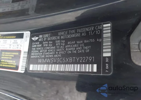 2011 Mini Cooper S from USA, damaged, VIN WMWSV3C5XBTY22791